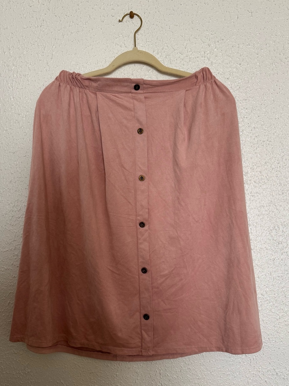 Midi Suede Button-Front Elastic Waist Pink Skirt